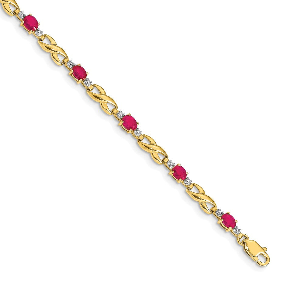 14K Gelbgold-Armband mit natürlichem Diamant und ovalem Rubin