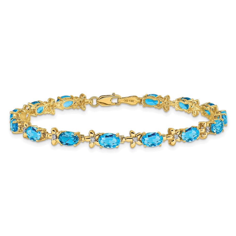 14K Gelbgold Armband mit Blumenmotiv, natürlichen Diamanten und Swiss Blue Topas