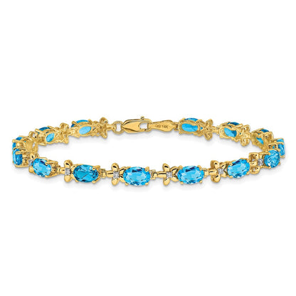14K Gelbgold Armband mit Blumenmotiv, natürlichen Diamanten und Swiss Blue Topas