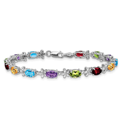 14K Gelbgold-Armband mit bunten ovalen Edelsteinen und natürlichen Diamanten