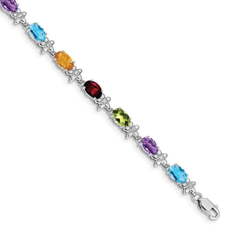 14K Gelbgold-Armband mit bunten ovalen Edelsteinen und natürlichen Diamanten