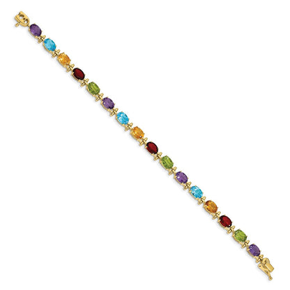 14K Gelbgold Armband mit ovalen Edelsteinen – Amethyst, Peridot, Granat, Citrin und blauer Topas, 17,8 cm