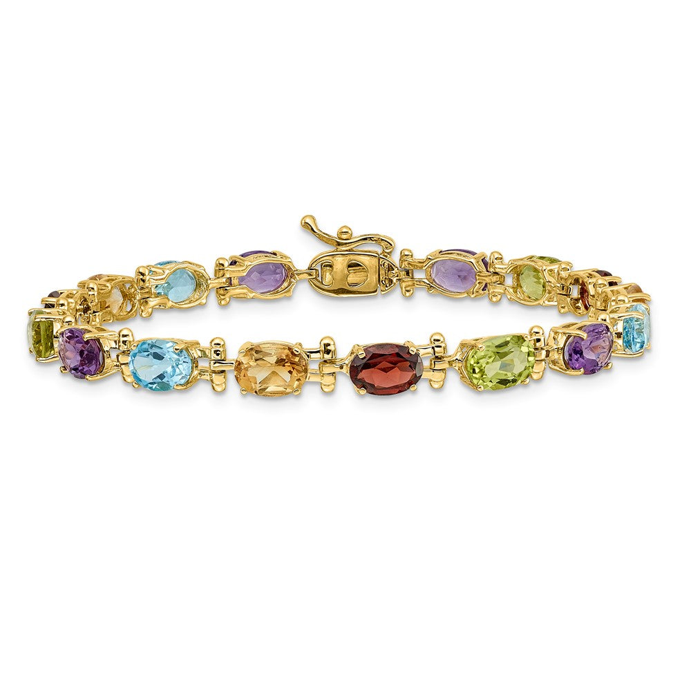14K Gelbgold Armband mit ovalen Edelsteinen – Amethyst, Peridot, Granat, Citrin und blauer Topas, 17,8 cm