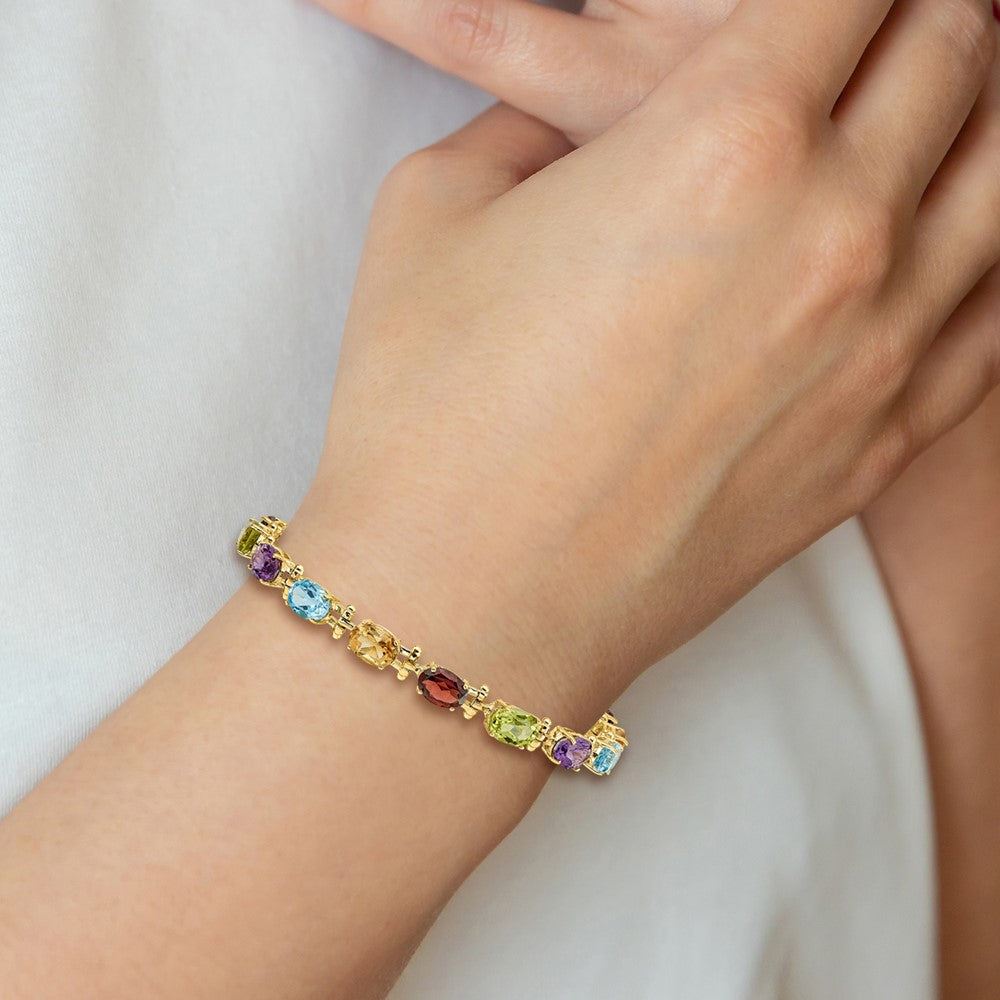 14K Gelbgold Armband mit ovalen Edelsteinen – Amethyst, Peridot, Granat, Citrin und blauer Topas, 17,8 cm