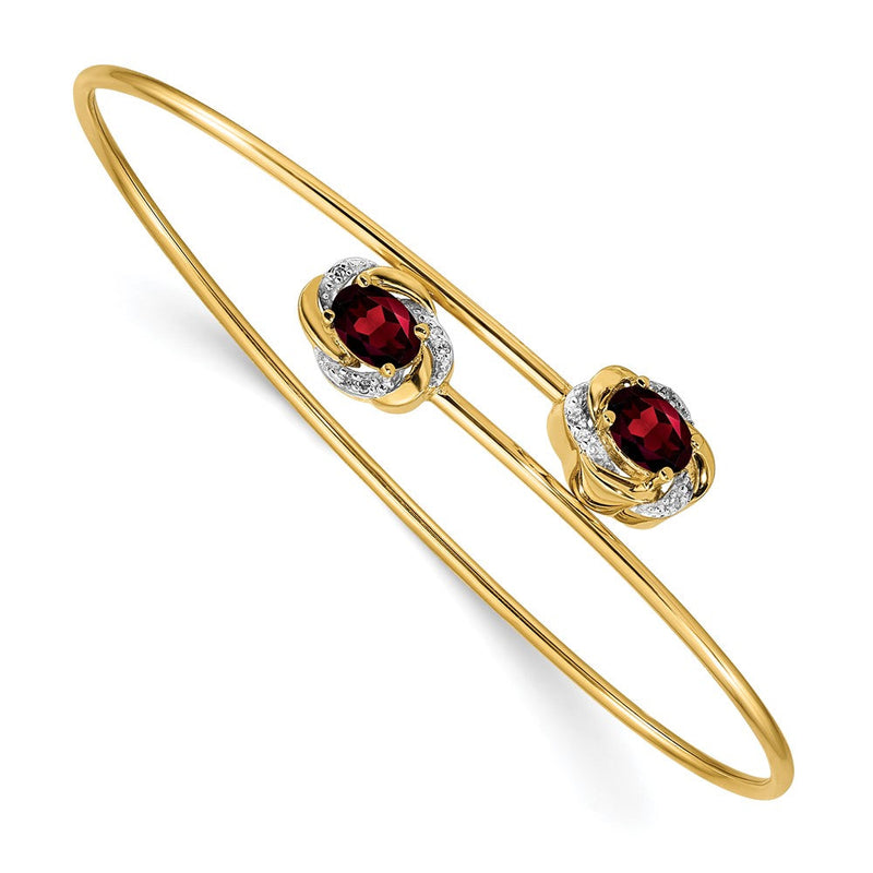 14K Gelbgold Armreif, flexibel, poliert, mit 0,6 ct. Granat und 0,03 ct. natürlichem Diamant