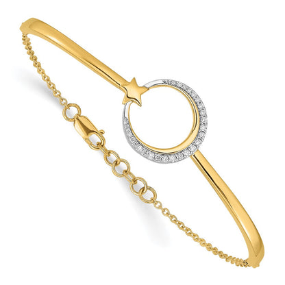 14K Gelbgold poliertes Mond- und Stern-Armband mit natürlichen Diamanten, 17,8 cm mit 1,3 cm Verlängerung