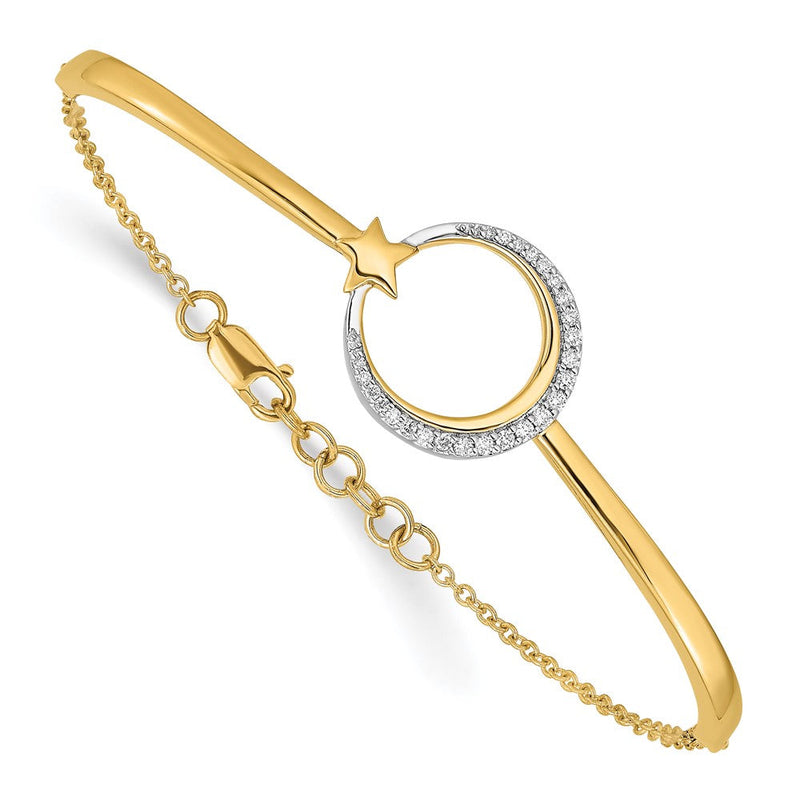 14K Gelbgold poliertes Mond- und Stern-Armband mit natürlichen Diamanten, 17,8 cm mit 1,3 cm Verlängerung