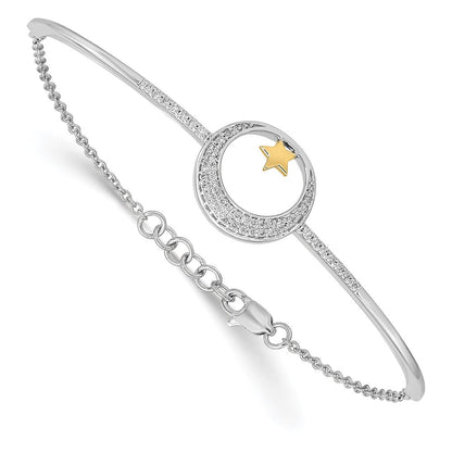 14K Gelbgold Armband Mond mit Stern, poliert, mit natürlichem Diamant, 7 Zoll mit 0,5 Zoll Verlängerung