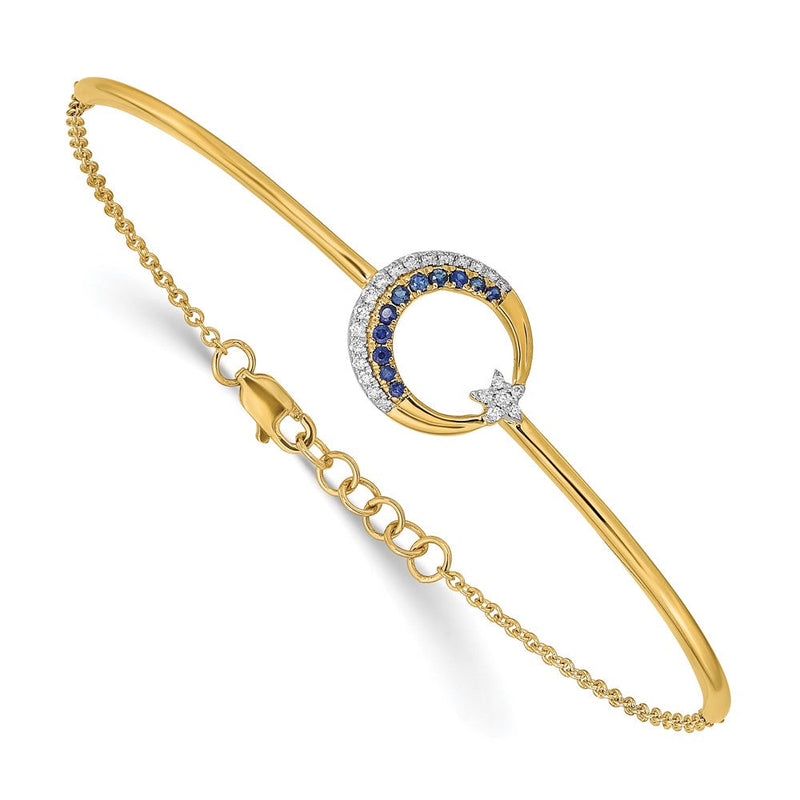 14K Gelbgold Armband mit natürlichen Diamanten und Saphiren, Mond- und Stern-Design, 17,8 cm mit 1,3 cm Verlängerung