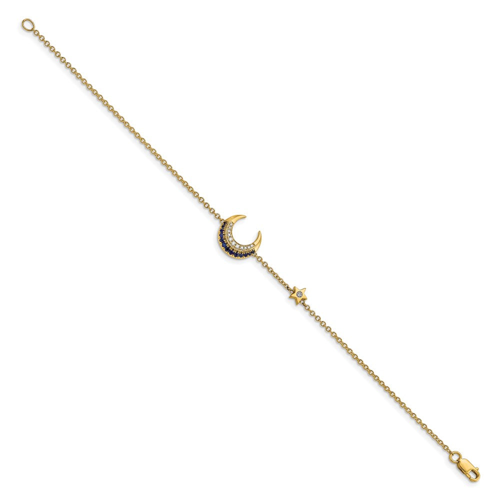 14K Gelbgold Armband mit natürlichen Diamanten und Saphiren, Mond- und Sterndesign, 17,8 cm