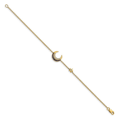 14K Gelbgold Armband mit natürlichen Diamanten und Saphiren, Mond- und Sterndesign, 17,8 cm