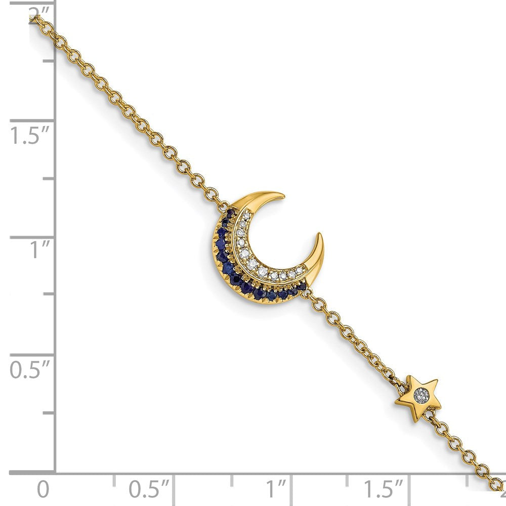 14K Gelbgold Armband mit natürlichen Diamanten und Saphiren, Mond- und Sterndesign, 17,8 cm