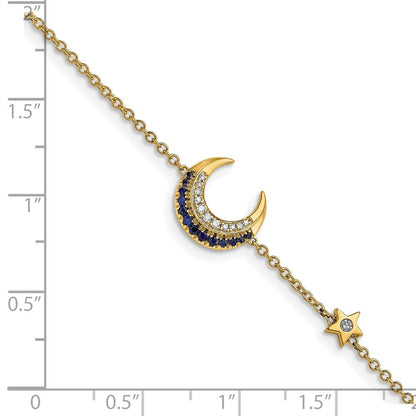 14K Gelbgold Armband mit natürlichen Diamanten und Saphiren, Mond- und Sterndesign, 17,8 cm