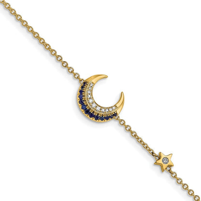 14K Gelbgold Armband mit natürlichen Diamanten und Saphiren, Mond- und Sterndesign, 17,8 cm