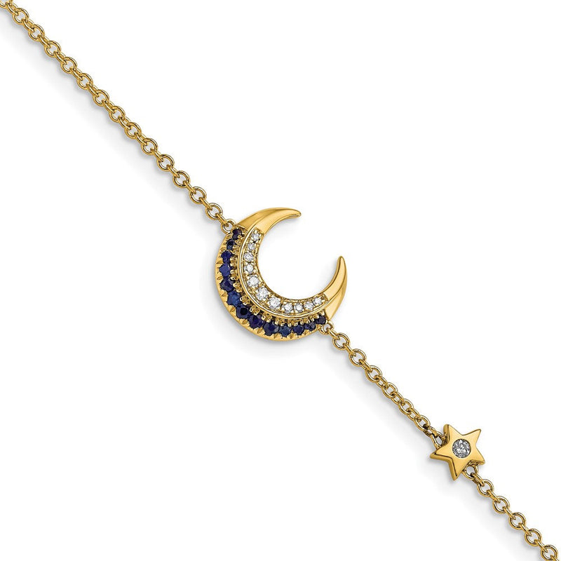 14K Gelbgold Armband mit natürlichen Diamanten und Saphiren, Mond- und Sterndesign, 17,8 cm