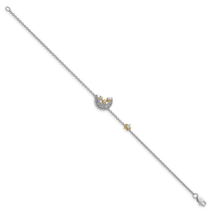 14K Bicolor Armband mit Mond und 3 Sternen und natürlichen Diamanten, 17,8 cm (7 Zoll)