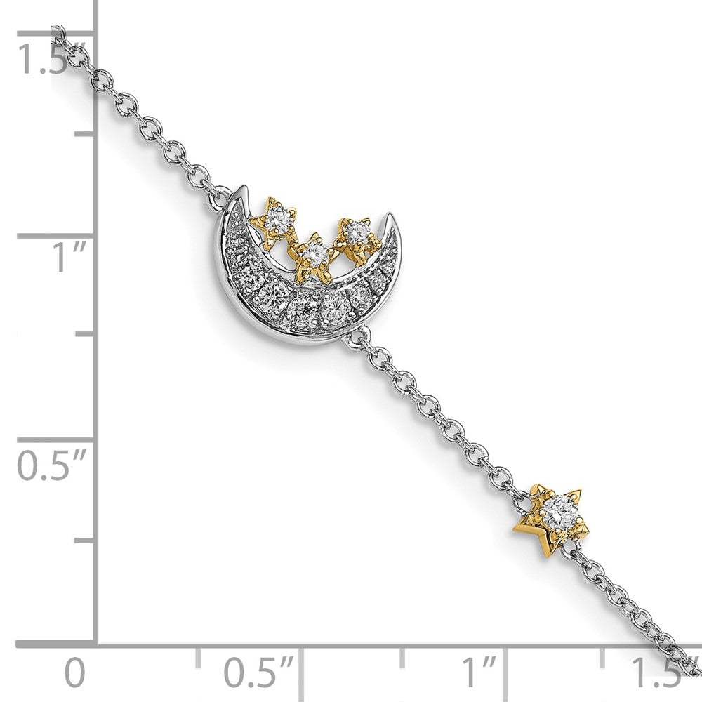 14K Bicolor Armband mit Mond und 3 Sternen und natürlichen Diamanten, 17,8 cm (7 Zoll)