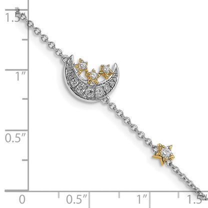 14K Bicolor Armband mit Mond und 3 Sternen und natürlichen Diamanten, 17,8 cm (7 Zoll)