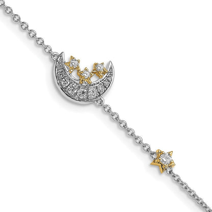 14K Bicolor Armband mit Mond und 3 Sternen und natürlichen Diamanten, 17,8 cm (7 Zoll)