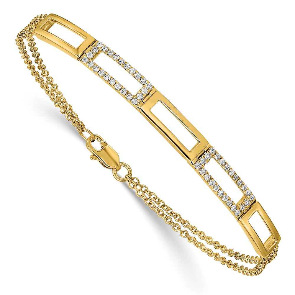 14K Gelbgold poliertes Armband mit natürlichen Diamanten und Rechteck-Gliedern, Doppelstrang, 17,8 cm