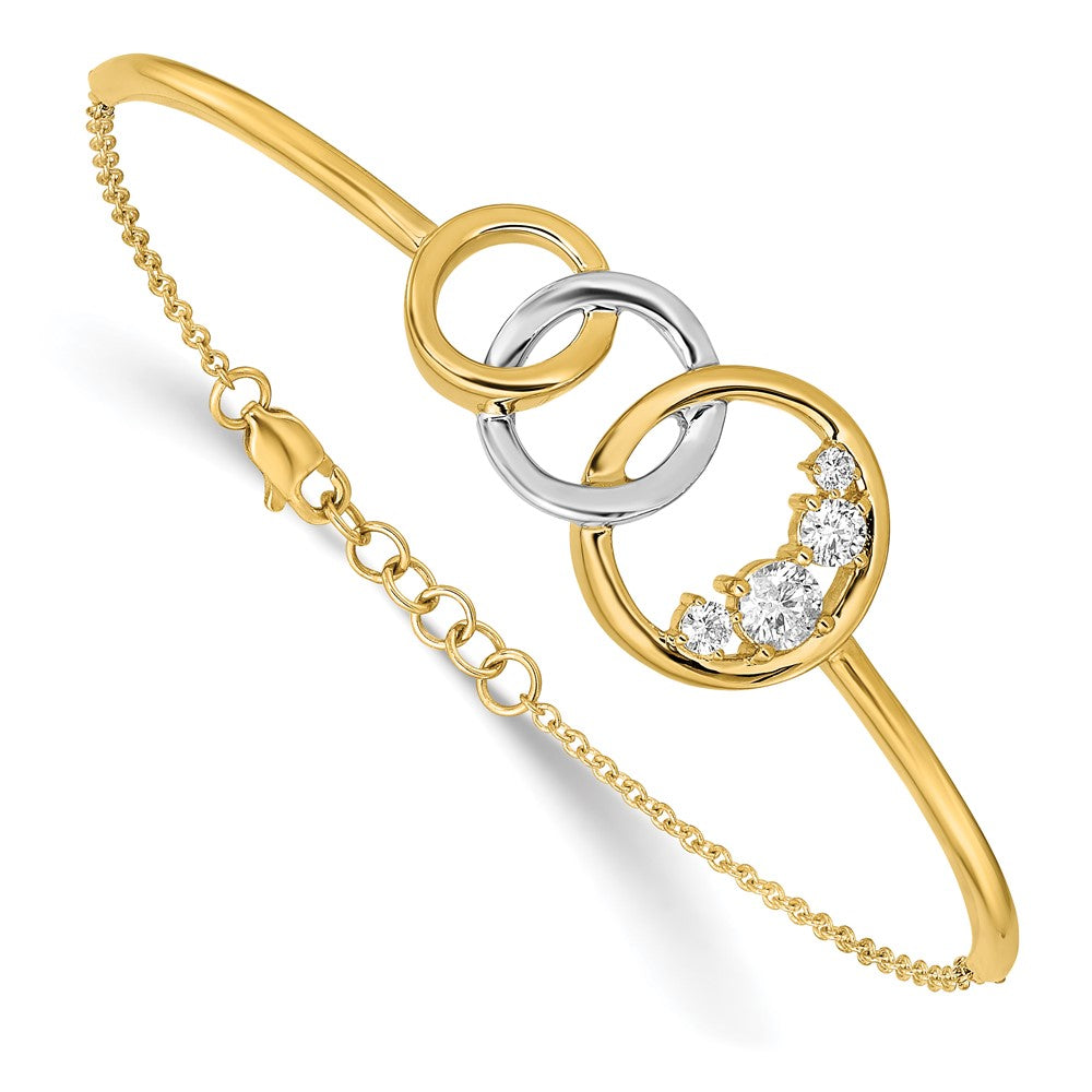 14K Bicolor Armband mit natürlichen Diamanten, poliert, Dreifachkreis-Design, 7 Zoll mit 0,5 Zoll Verlängerung