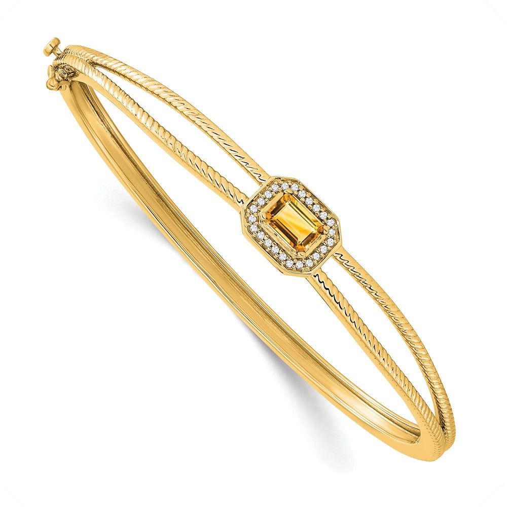 14-Karat-Gelbgold-Armreif mit Citrin im Smaragdschliff und natürlichen Diamanten im Halo-Design