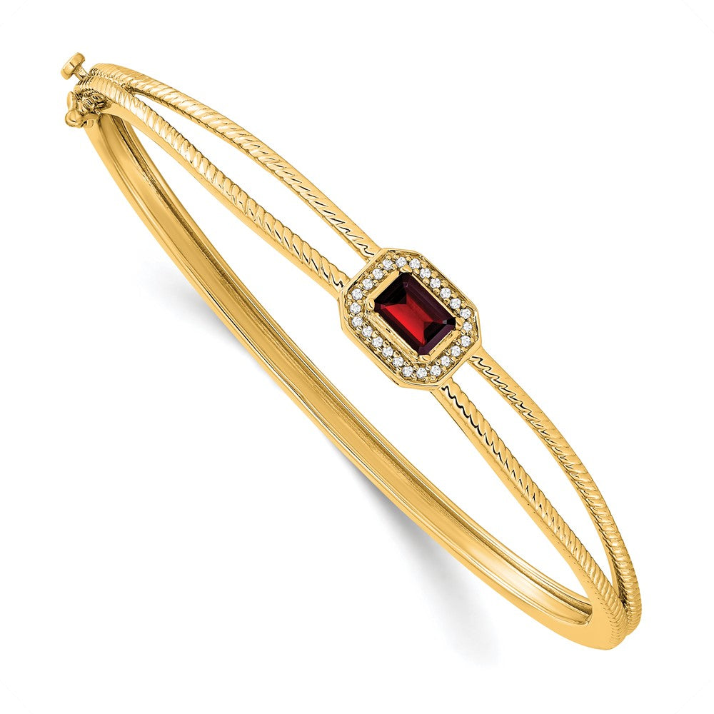 14K Gelbgold-Armreif mit Halo aus Granat im Smaragdschliff und natürlichen Diamanten