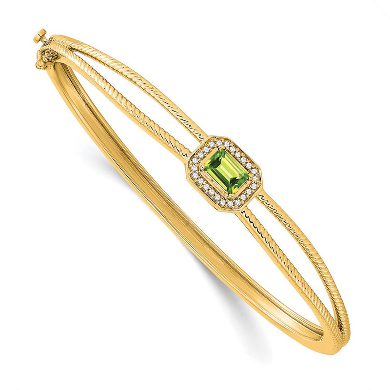 14-Karat-Gelbgold-Armreif mit Peridot im Smaragdschliff und natürlichen Diamanten im Halo-Design