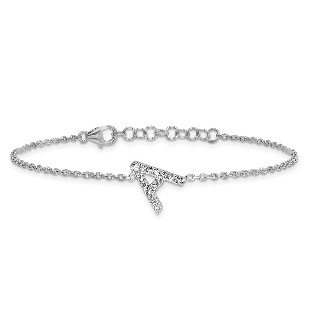 14K Weißgold Armband mit natürlichem Diamant, seitlicher Buchstabe "A", inkl. 2,5 cm Verlängerung