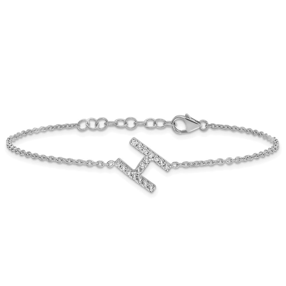 14K Weißgold Armband mit natürlichem Diamant Buchstabe H seitlich und 1 Zoll Verlängerung