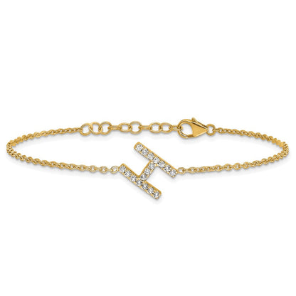 14K Gelbgold Armband mit natürlichem Diamant, seitlichem Buchstaben „H" und 1 Zoll Verlängerung