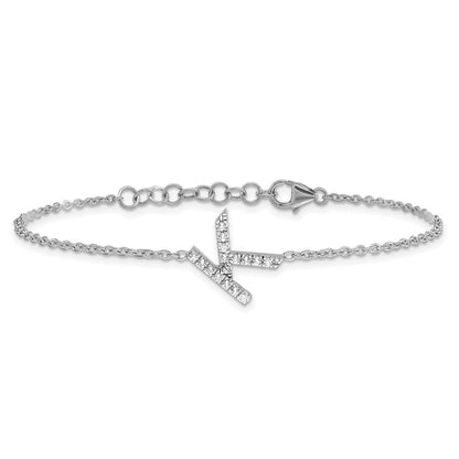 14K Weißgold Armband mit natürlichem Diamant-Buchstaben "K" seitlich, mit 2,5 cm Verlängerung
