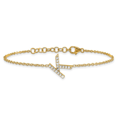 14K Gelbgold Armband mit natürlichem Diamant-Buchstaben "K" seitlich, mit 2,54 cm Verlängerung