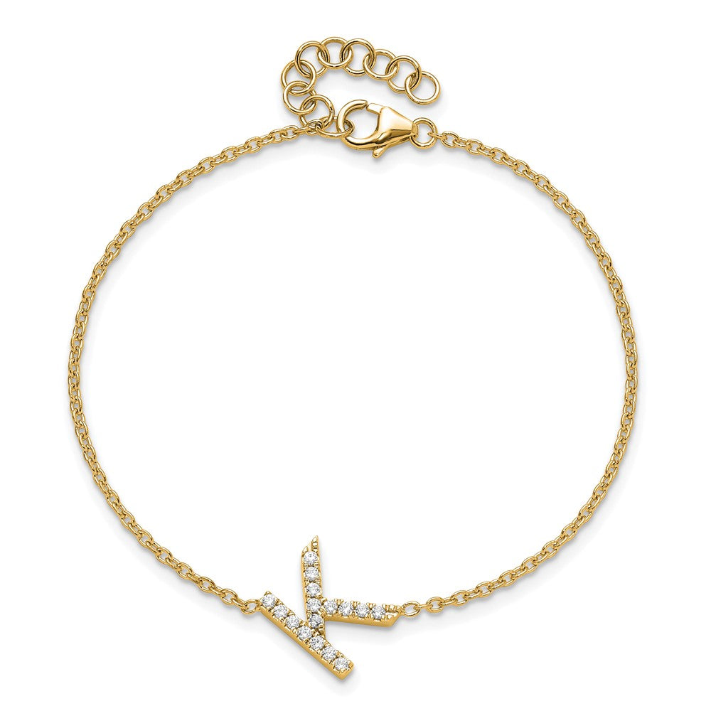 14K Gelbgold Armband mit natürlichem Diamant-Buchstaben "K" seitlich, mit 2,54 cm Verlängerung