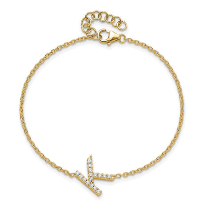 14K Gelbgold Armband mit natürlichem Diamant-Buchstaben "K" seitlich, mit 2,54 cm Verlängerung