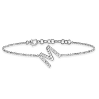 14K Weißgold Armband mit natürlichem Diamant-Buchstaben „M" seitlich und 1-Zoll-Verlängerung