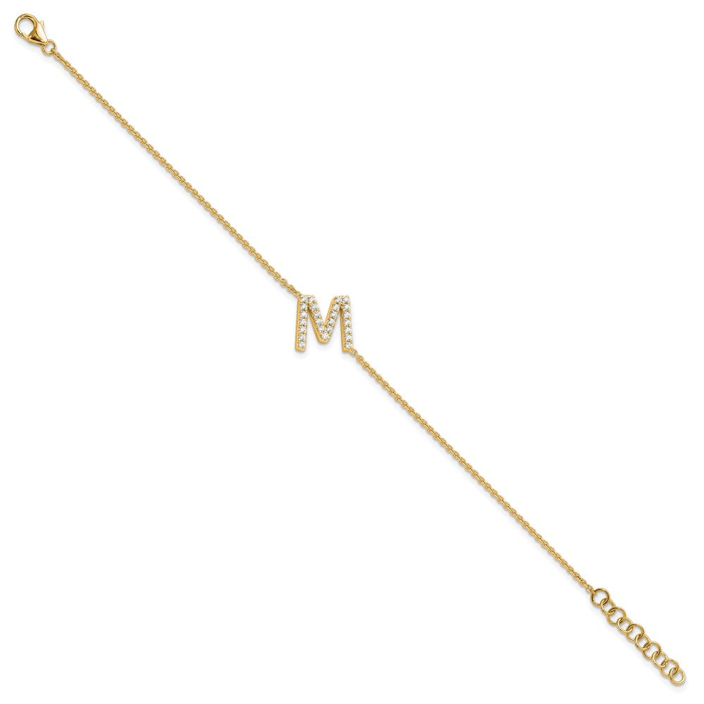 14K Gelbgold Armband mit natürlichem Diamant-Buchstaben "M" quer und 2,5 cm Verlängerung