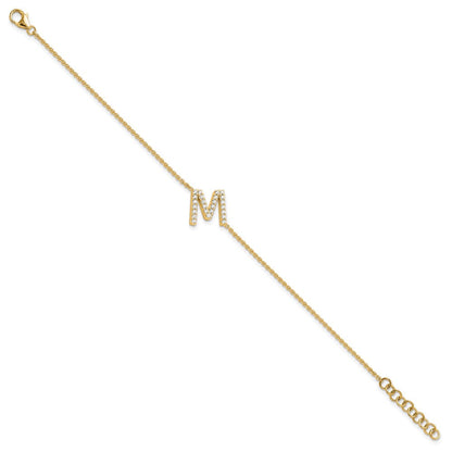 14K Gelbgold Armband mit natürlichem Diamant-Buchstaben "M" quer und 2,5 cm Verlängerung
