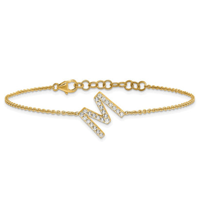 14K Gelbgold Armband mit natürlichem Diamant-Buchstaben "M" quer und 2,5 cm Verlängerung