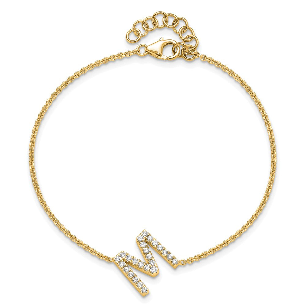 14K Gelbgold Armband mit natürlichem Diamant-Buchstaben "M" quer und 2,5 cm Verlängerung