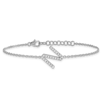 14K Weißgold Armband mit natürlichem Diamant-Buchstabe "N" und 1 Zoll Verlängerung