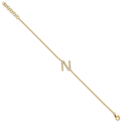 14K Gelbgold Armband mit natürlichem Diamant-Buchstaben "N" seitlich, mit 2,5 cm Verlängerung