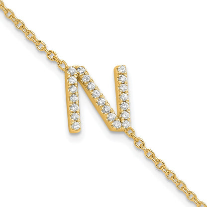 14K Gelbgold Armband mit natürlichem Diamant-Buchstaben "N" seitlich, mit 2,5 cm Verlängerung