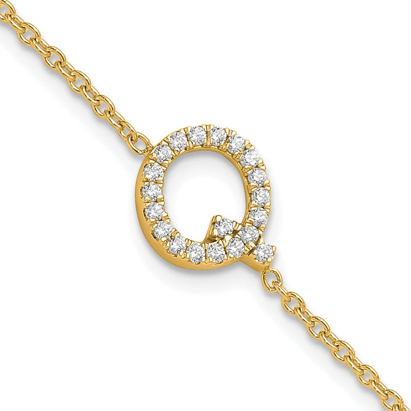 14K Gelbgold Armband mit seitlichem Buchstaben "Q" aus natürlichen Diamanten, mit 2,5 cm Verlängerung