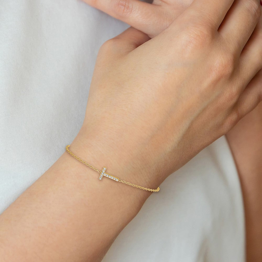 14K Gelbgold Armband mit natürlichem Diamant-Buchstaben T seitlich, mit 1 Zoll Verlängerung