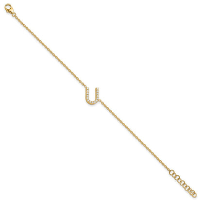 14K Gelbgold Armband mit natürlichem Diamant-Buchstaben U seitlich, mit 1-Zoll-Verlängerung