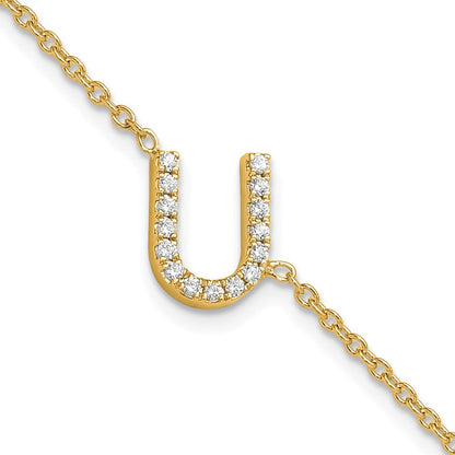 14K Gelbgold Armband mit natürlichem Diamant-Buchstaben U seitlich, mit 1-Zoll-Verlängerung