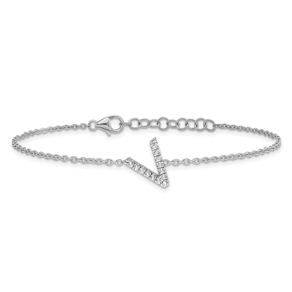 14K Weißgold Armband mit natürlichem Diamant-Buchstaben "V" seitlich, mit 2,5 cm Verlängerung