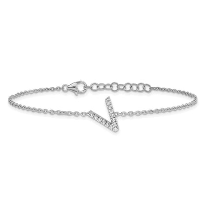 14K Weißgold Armband mit natürlichem Diamant-Buchstaben "V" seitlich, mit 2,5 cm Verlängerung