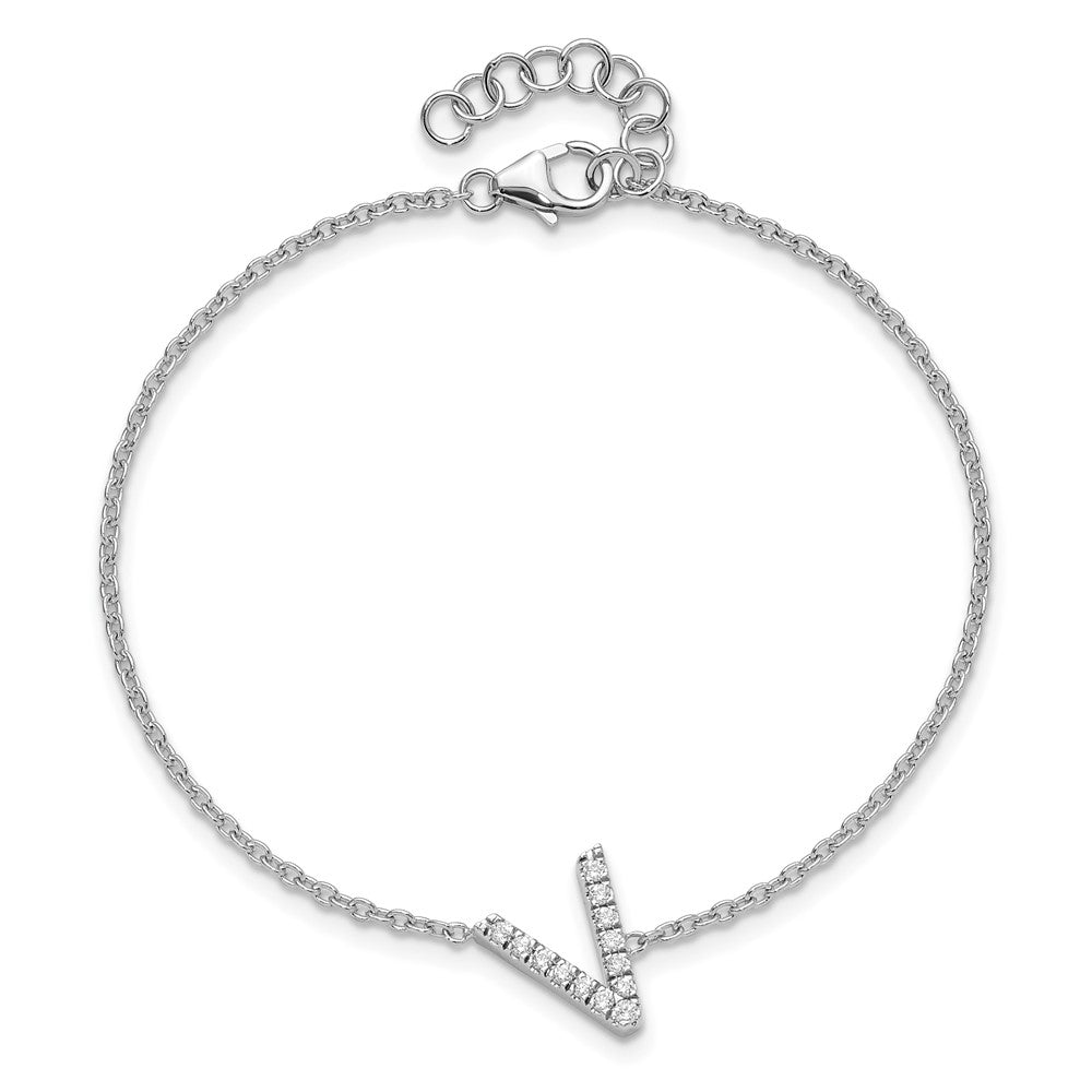 14K Weißgold Armband mit natürlichem Diamant-Buchstaben "V" seitlich, mit 2,5 cm Verlängerung